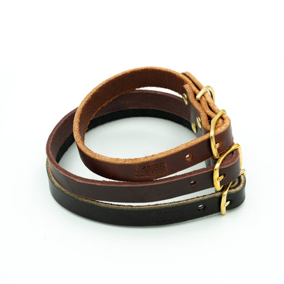 Brown leather dog collar with gold hardware on a white background 
