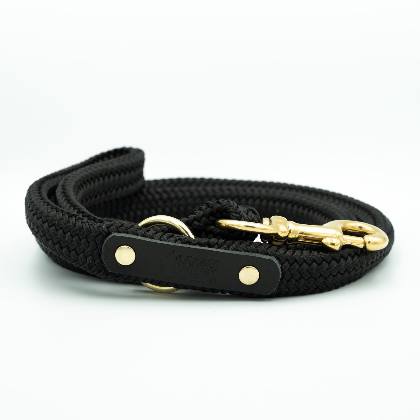 Black dog leash with gold hardware on a white background - Color Eclipse