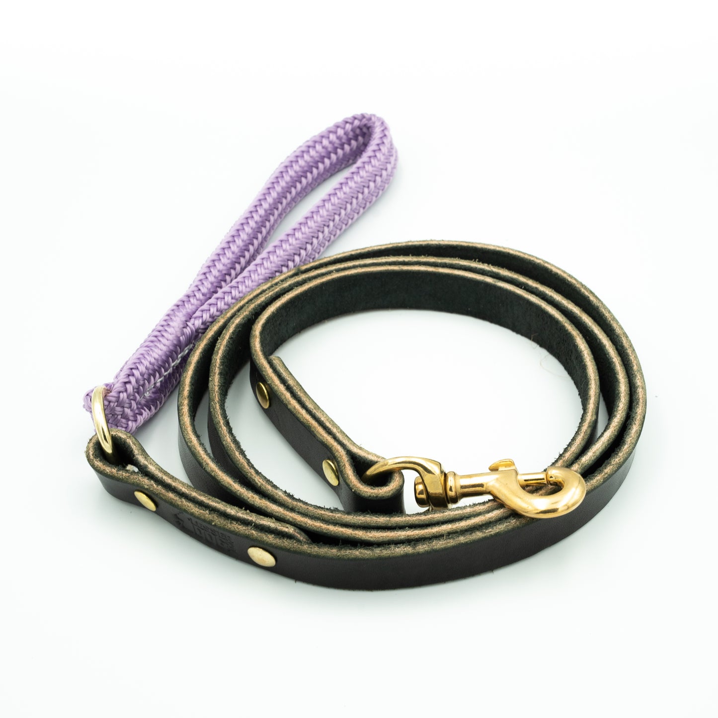 Black leather dog leash with gold hardware and a purple handle on a white background Aurora