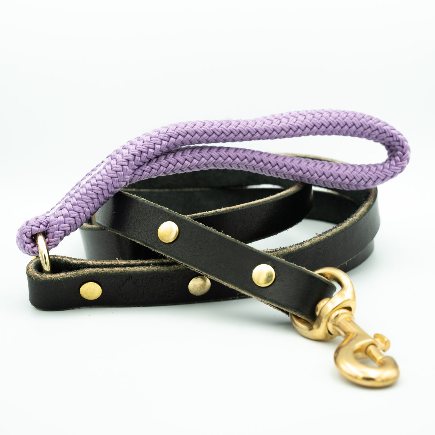 Dog leash with purple rope and black leather strap on a white background Aurora