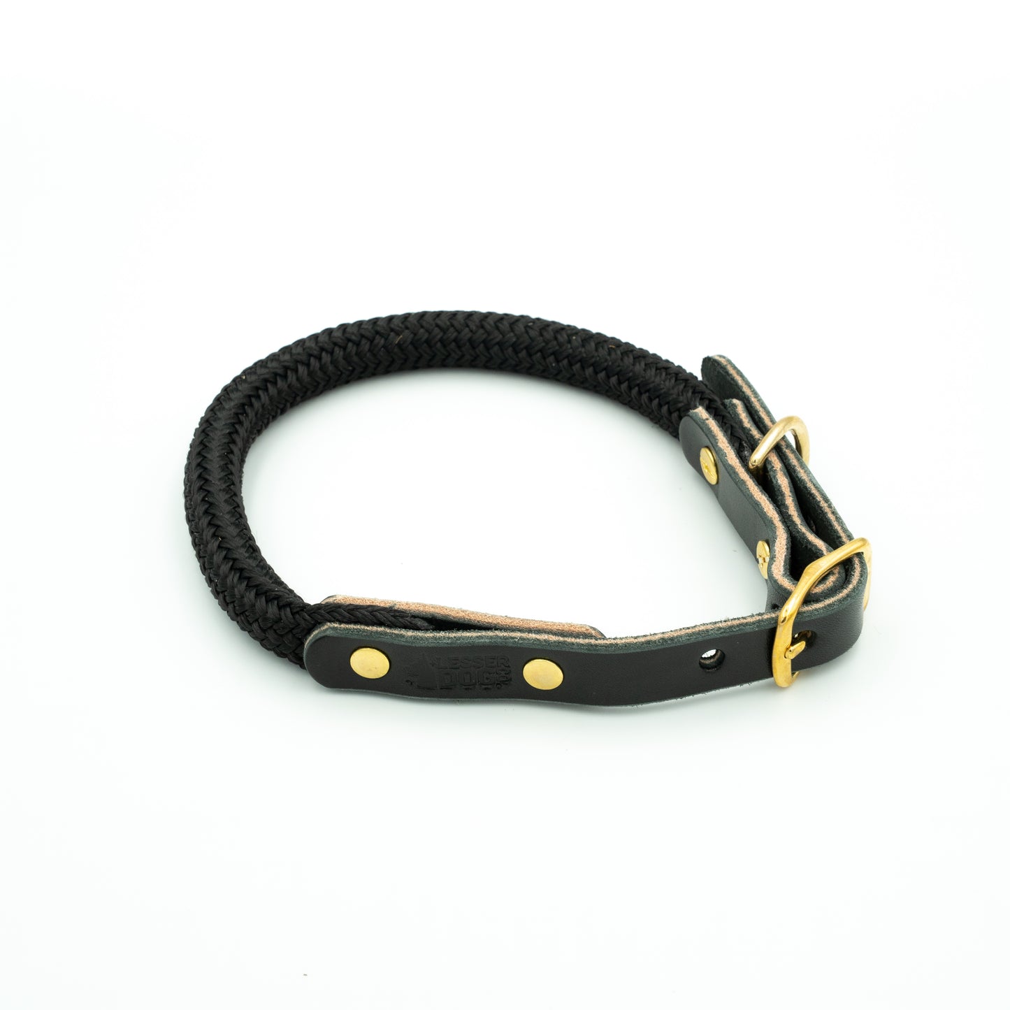 Black rope dog collar with a leather strap and gold hardware on a white background Eclipse
