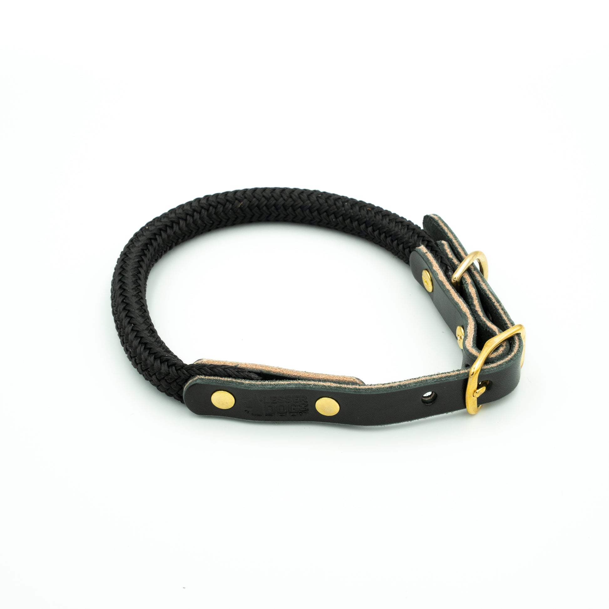 Black rope dog collar with a leather strap and gold hardware on a white background Eclipse