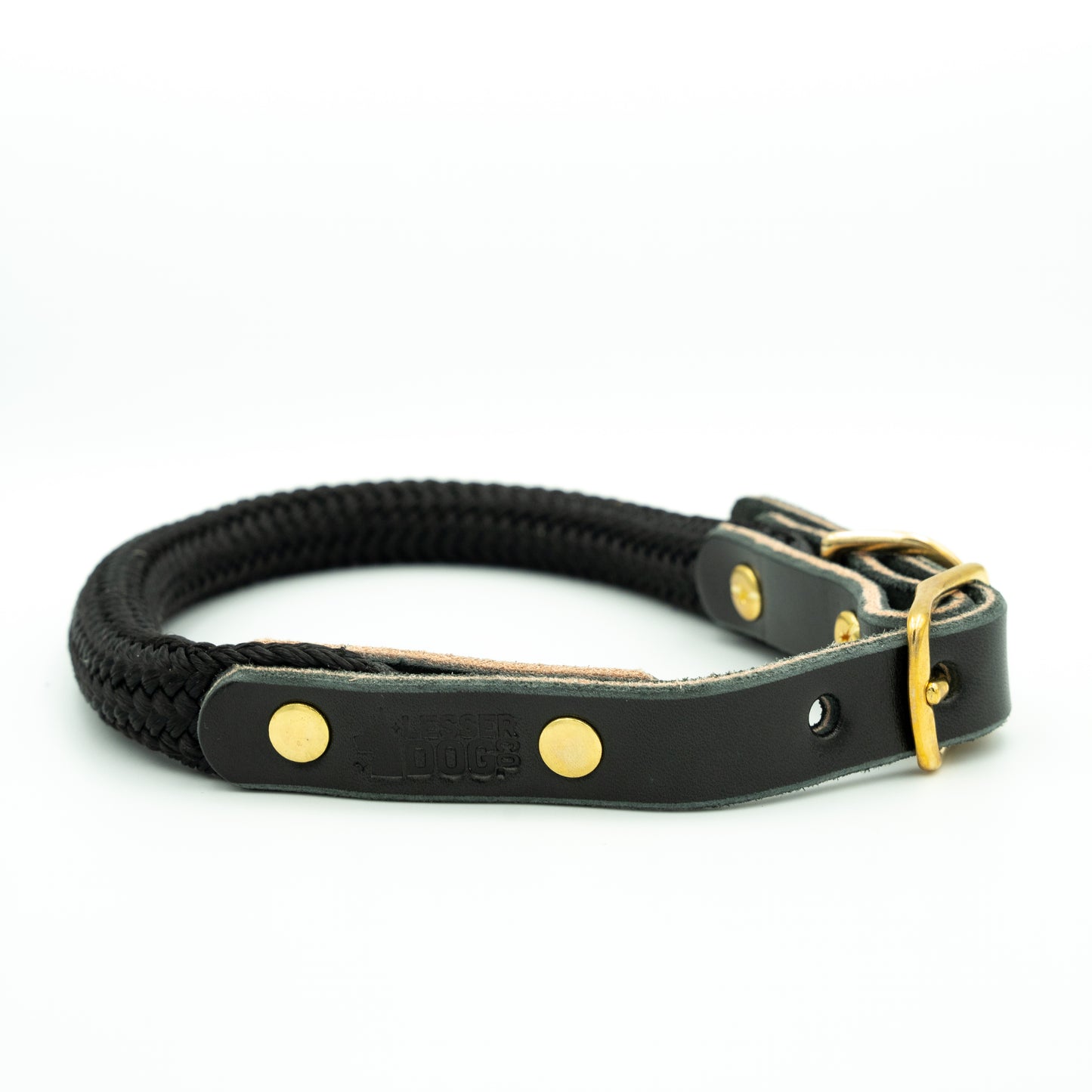 Black rope and leather dog collar with gold hardware on a white background Eclipse
