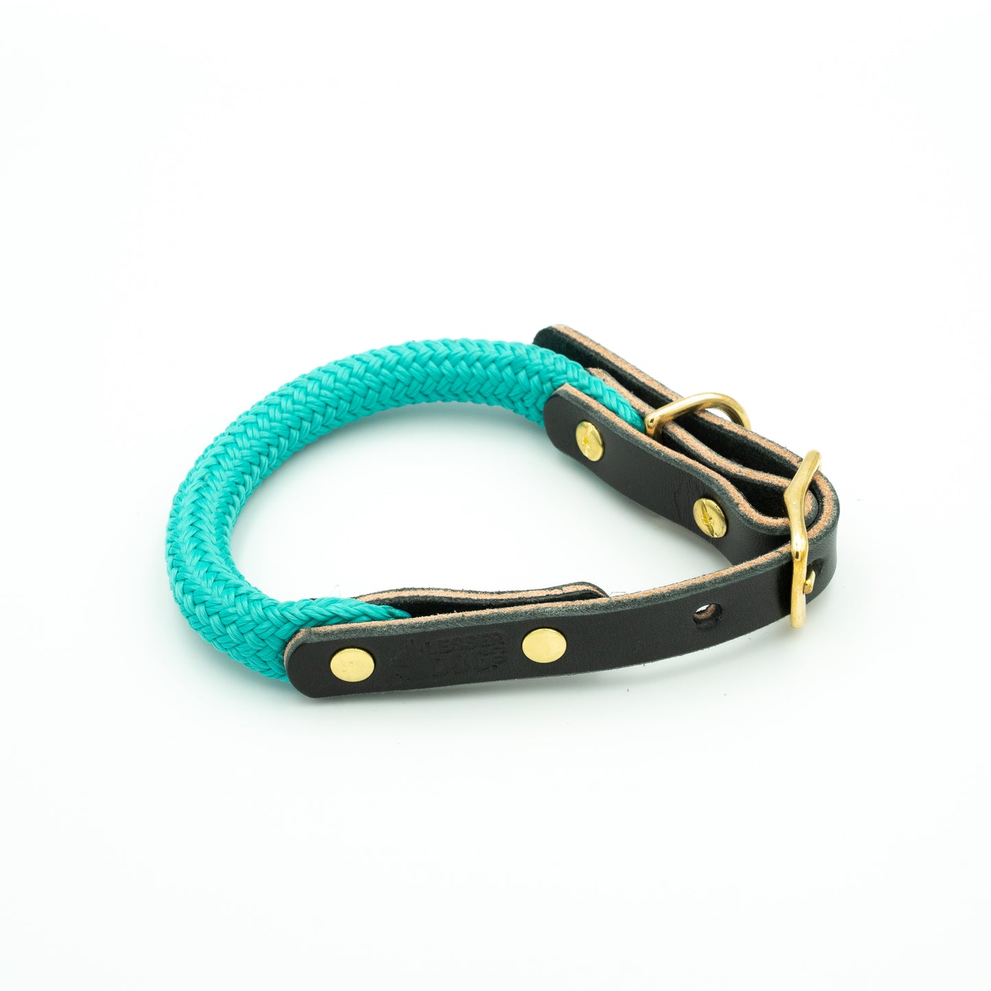 Teal braided dog collar with black leather strap and gold hardware on a white background Glacier