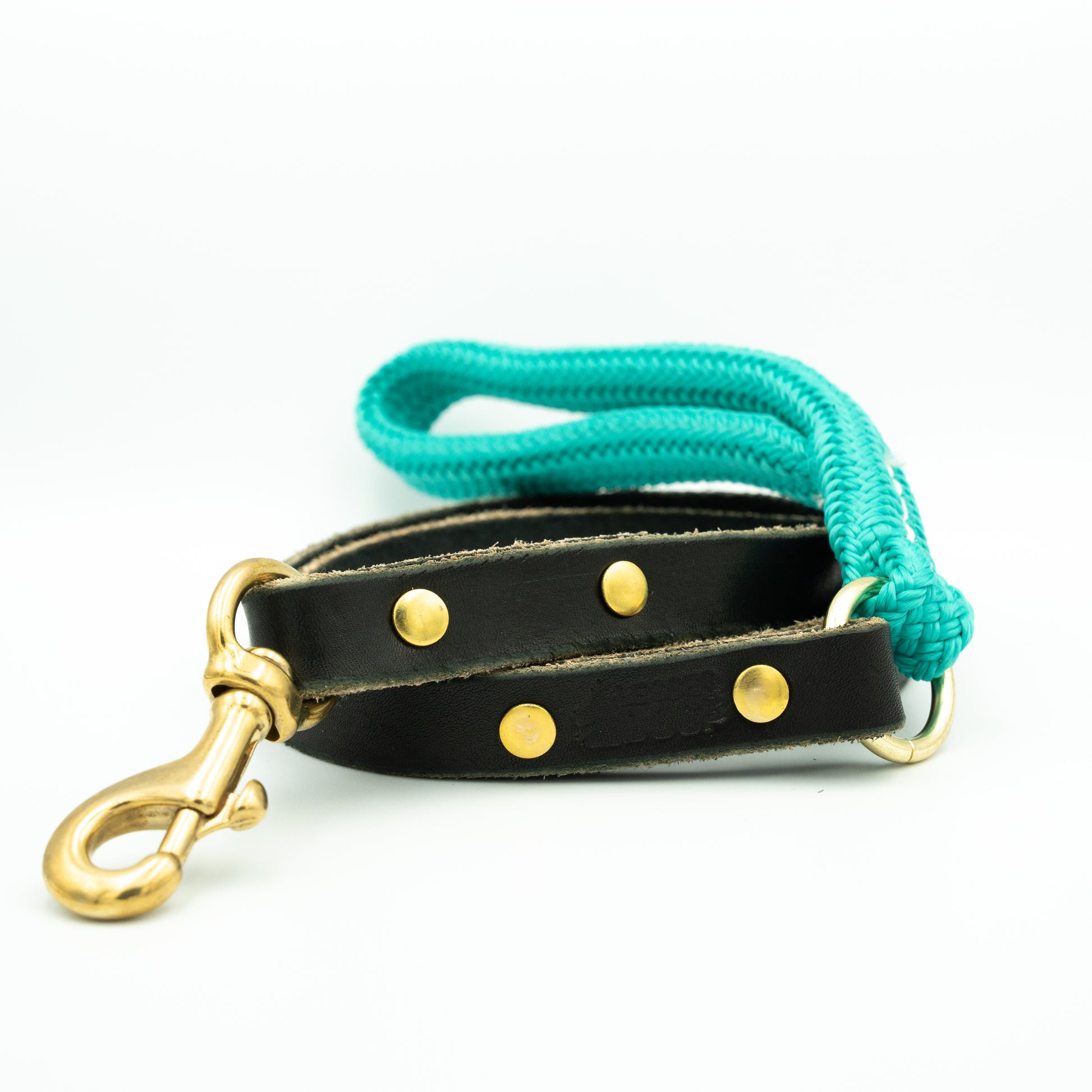 Dog leash with turquoise rope handle and black leather strap with gold hardware on a white background Glacier