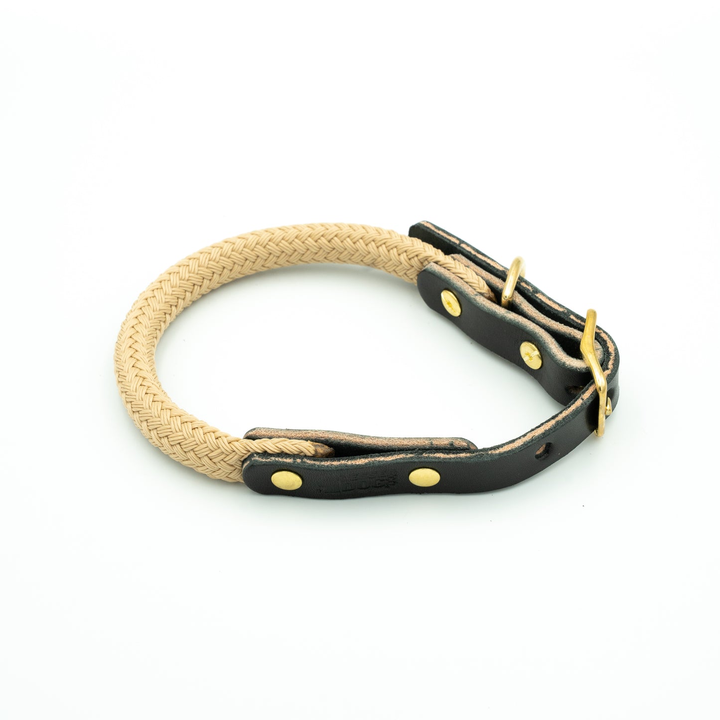 Dog collar with a rope beige strap and black leather accents on a white background Sand
