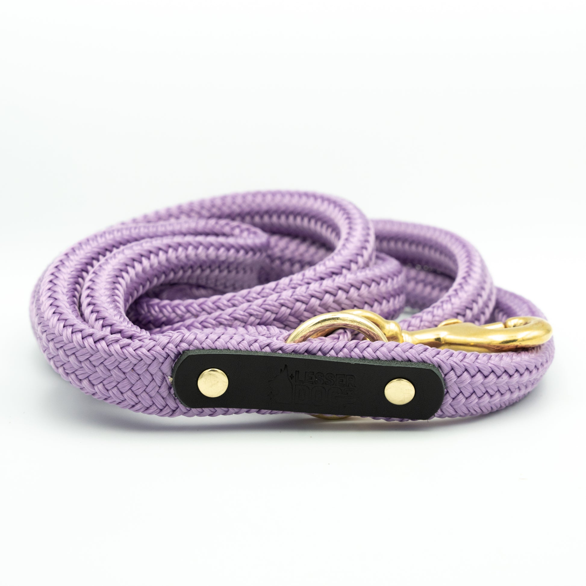 Purple dog leash with black handle and gold hardware on a white background - Color Aurora
