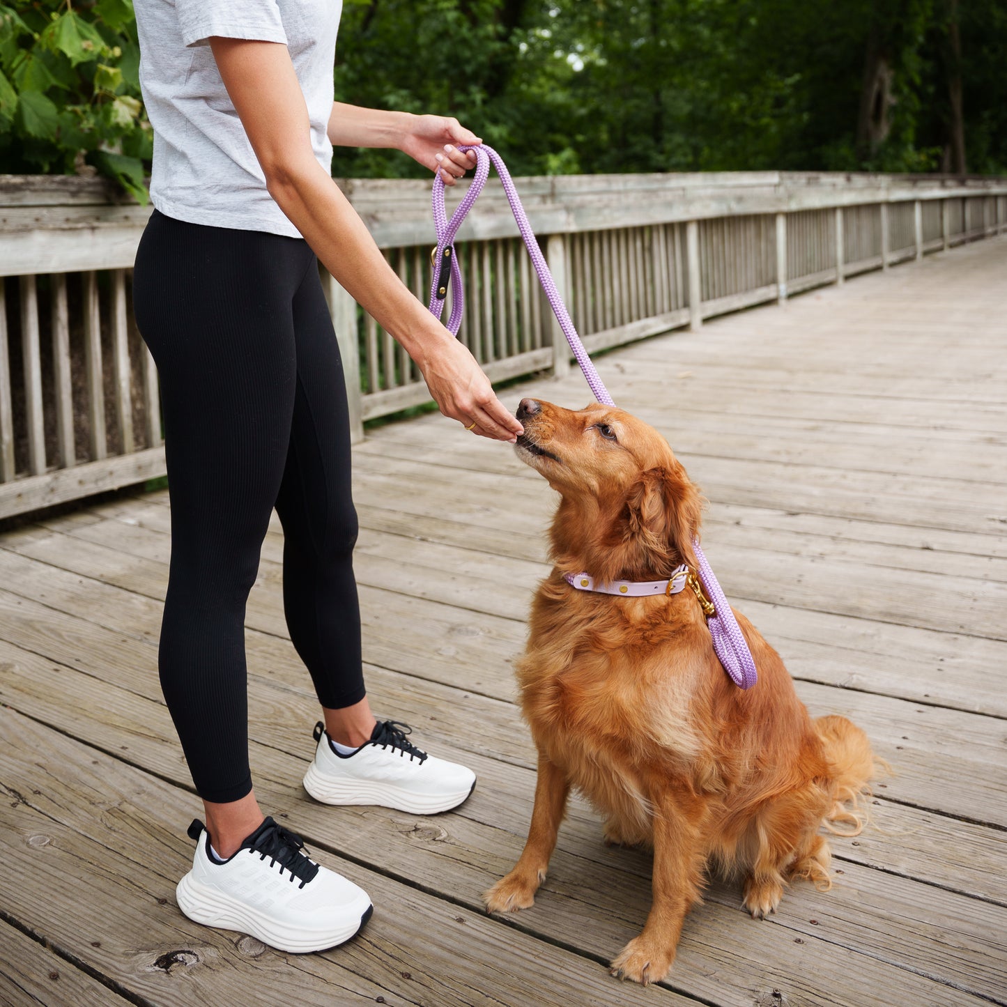 Woman walking dog with lilac rope leash Glacier Aurora Sand Eclipse 