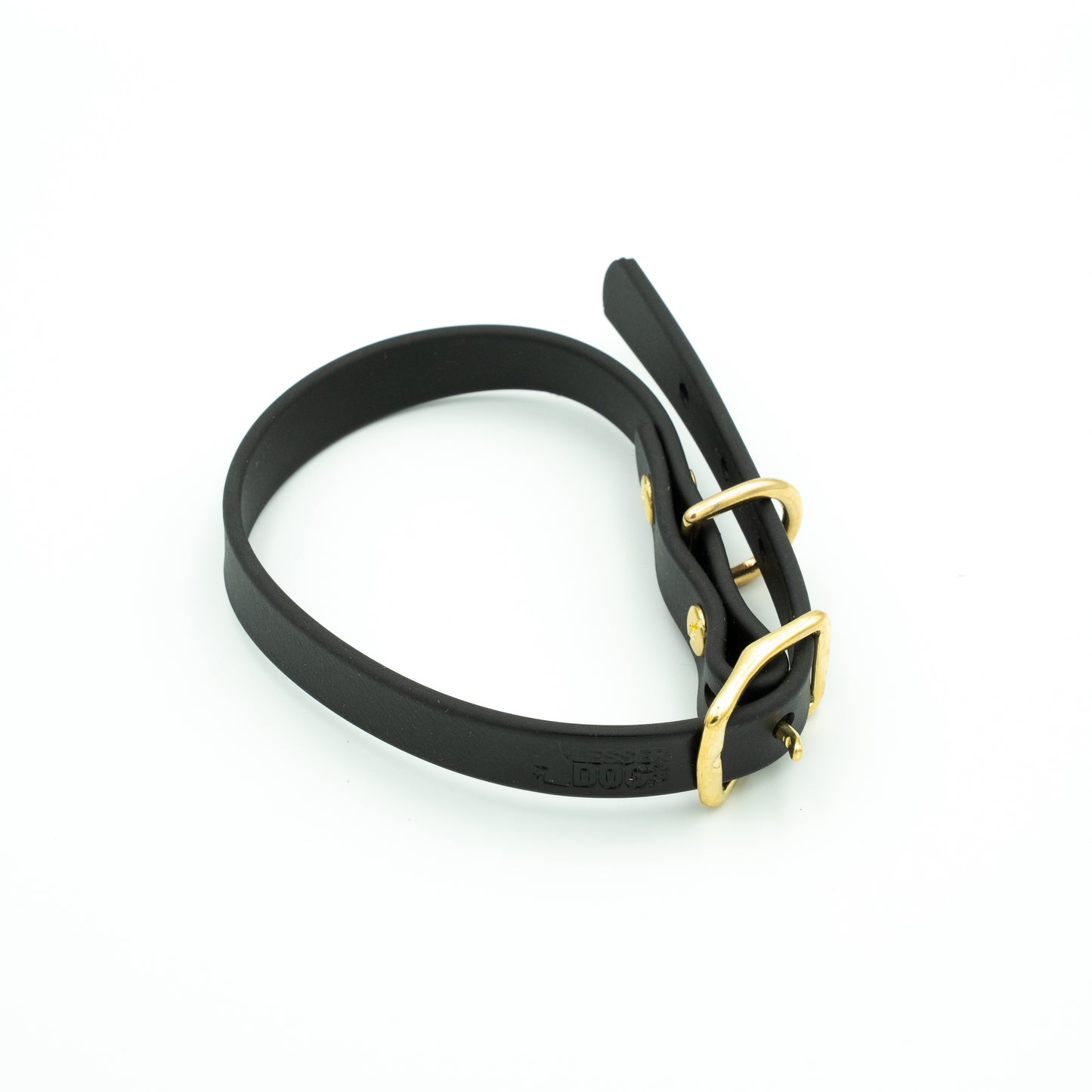 Black biothane dog collar with a gold buckle on a white background Eclipse