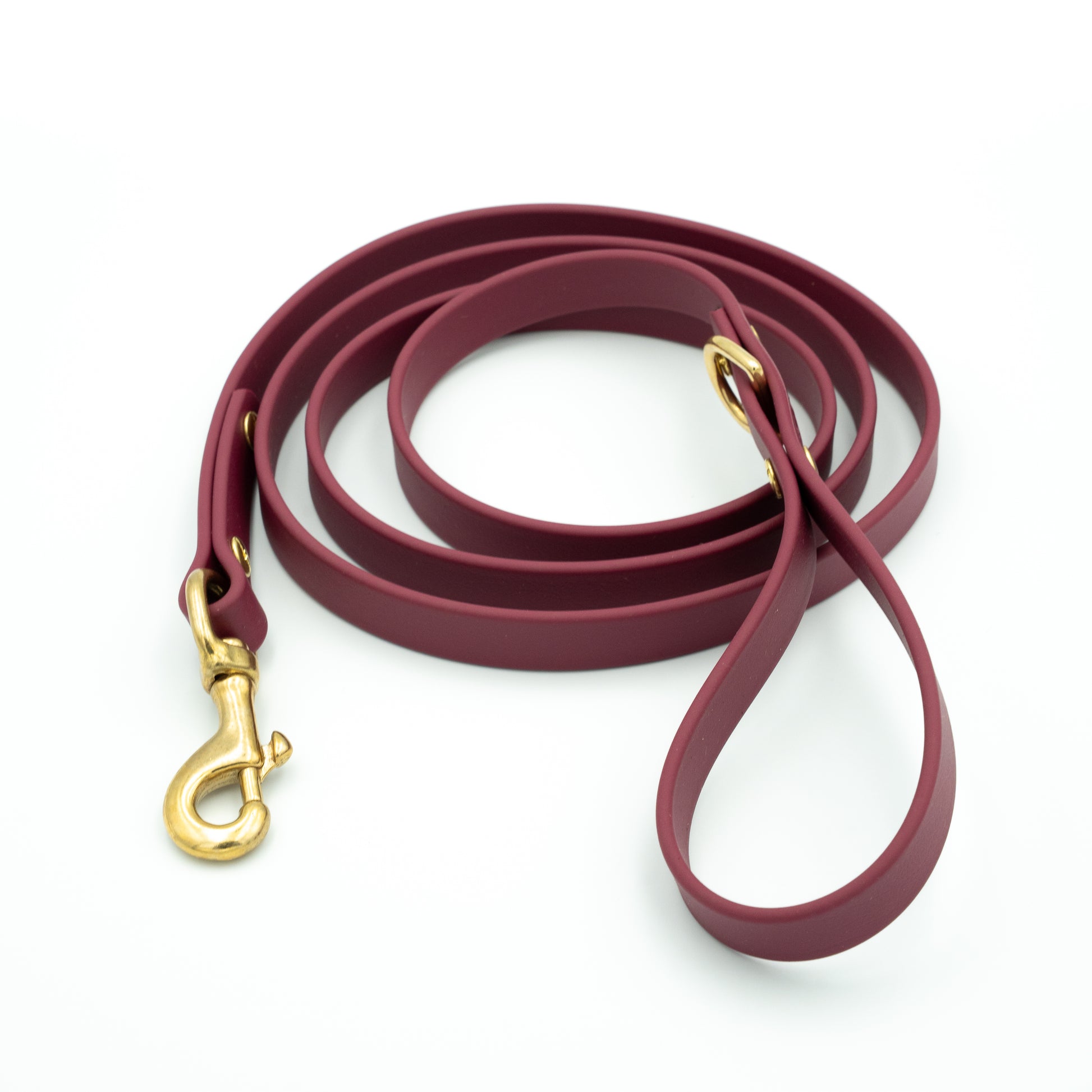 Maroon dog leash with gold clasp on a white background Garnet