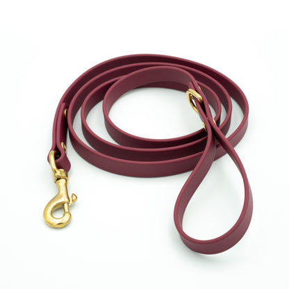 Maroon dog leash with gold clasp on a white background Garnet