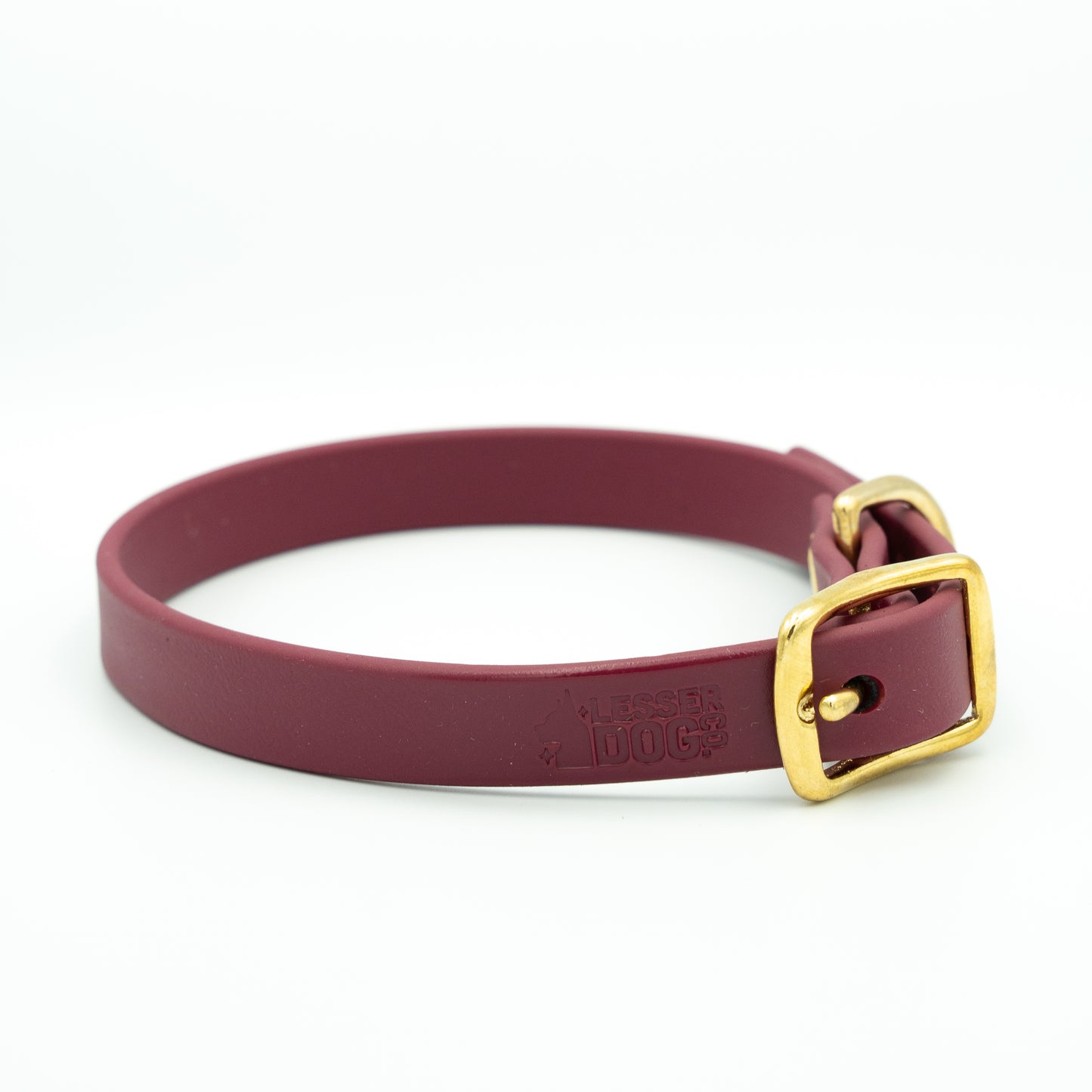Maroon dog collar with a gold buckle on a white background Garnet
