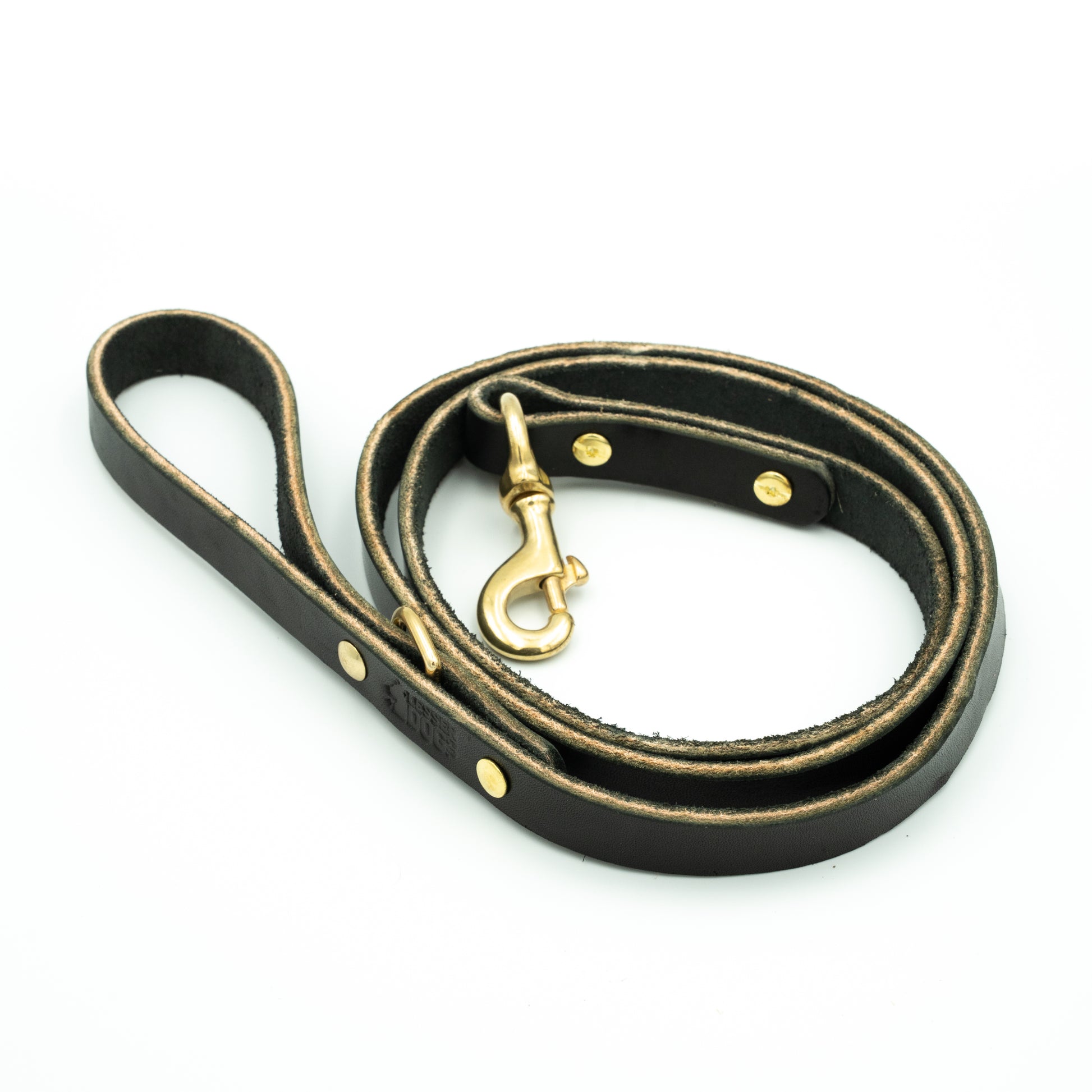 Black leather dog leash with brass hardware on a white background - Eclipse