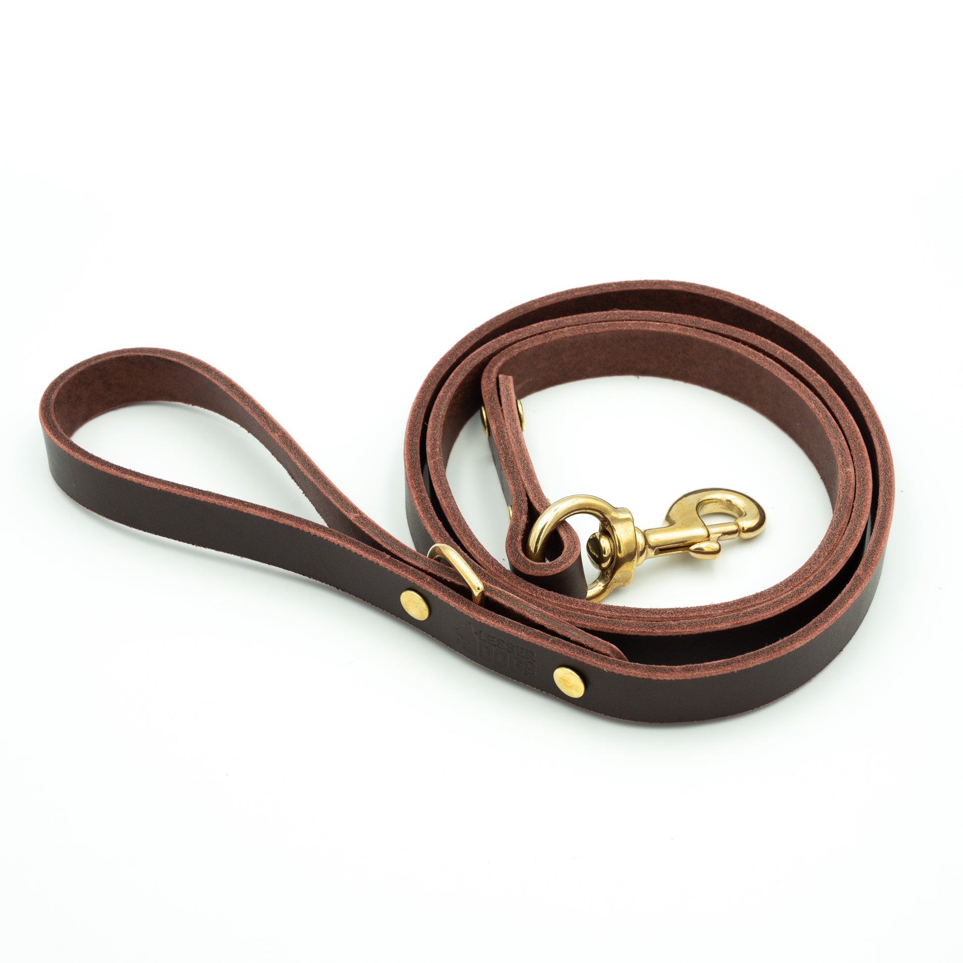 Brown leather dog leash with gold clasp on a white background - Garnet