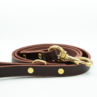 Brown leather dog leash with gold hardware on a white background Garnet