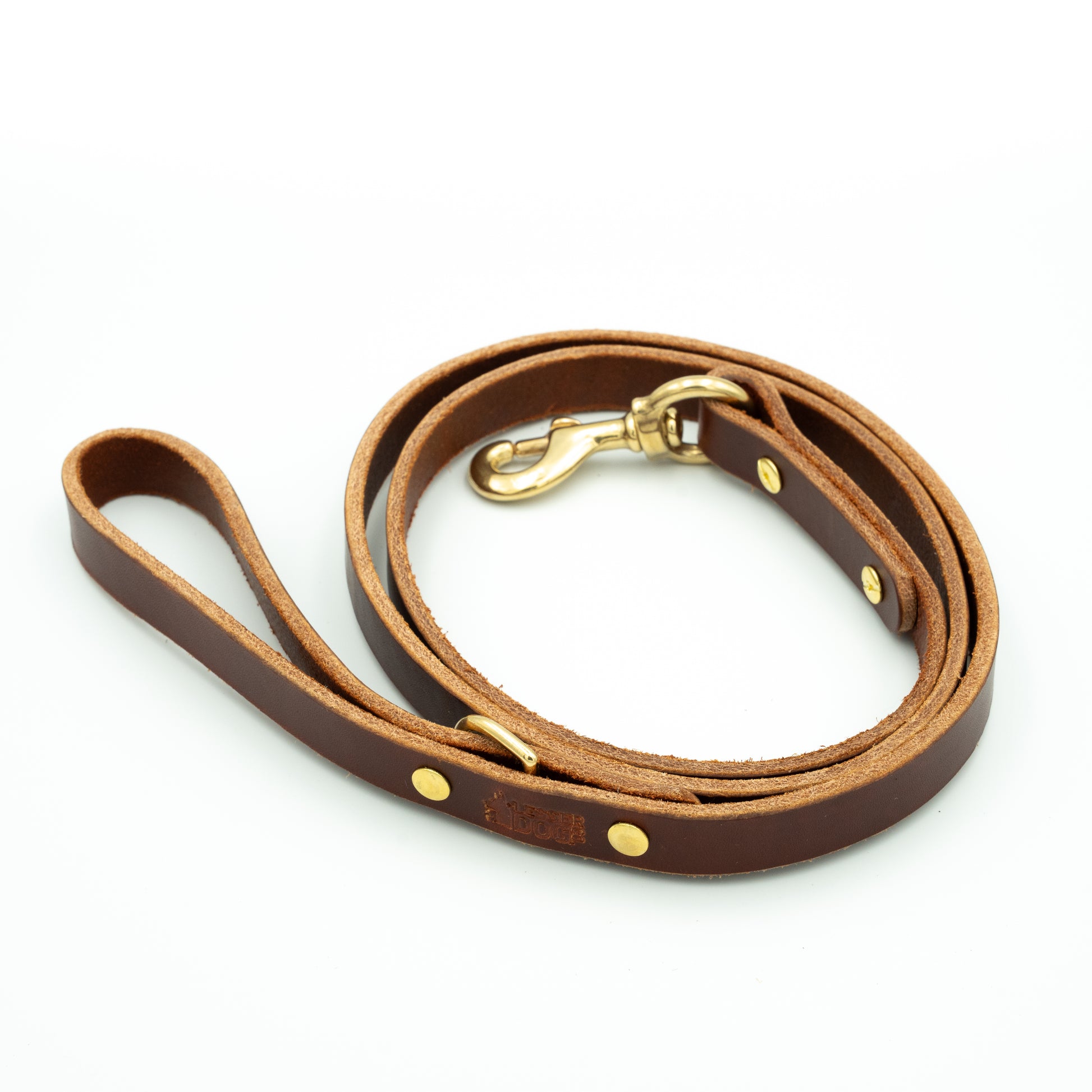Brown leather dog leash with gold hardware on a white background - Terra