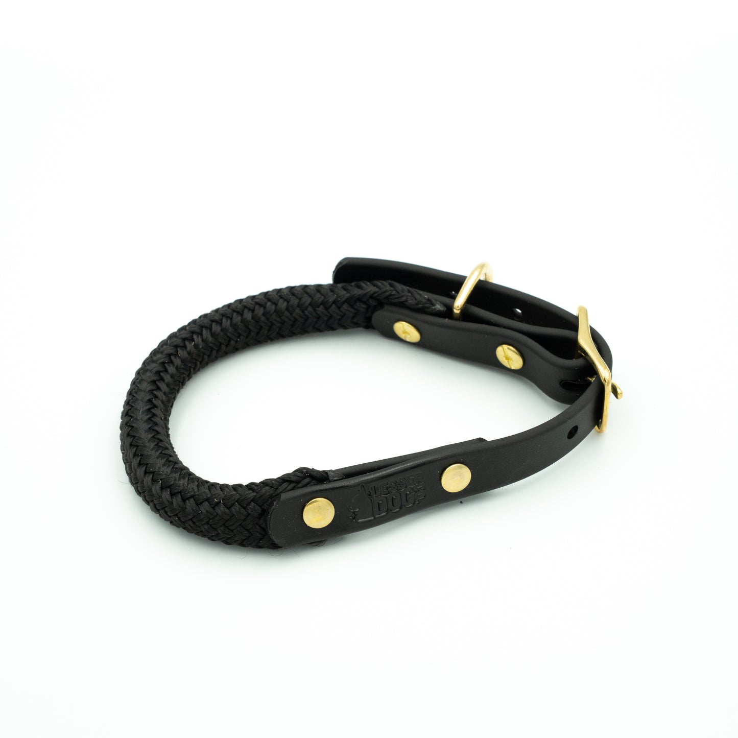 Black braided dog leash with gold hardware on a white background Eclipse