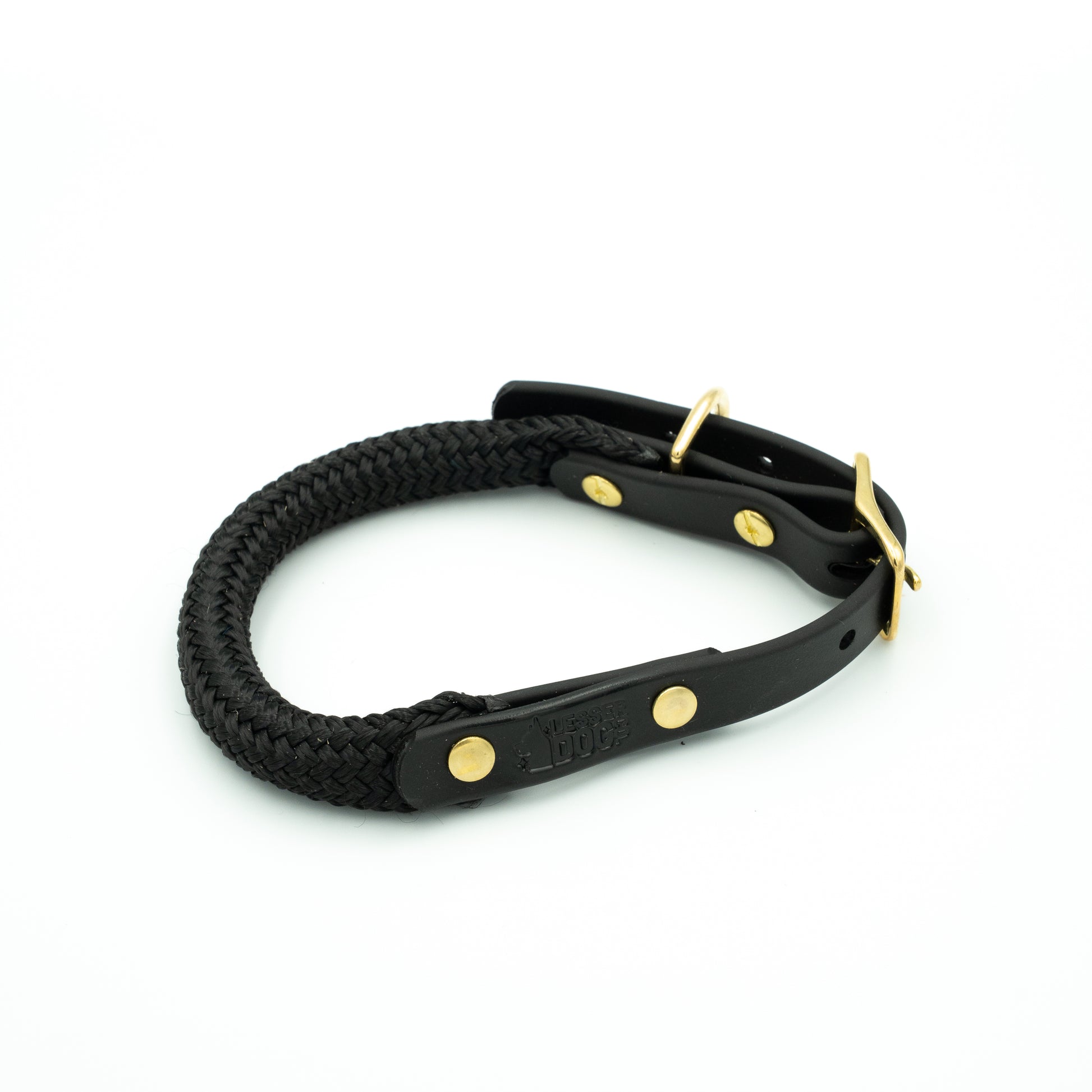 Black braided dog leash with gold hardware on a white background Eclipse