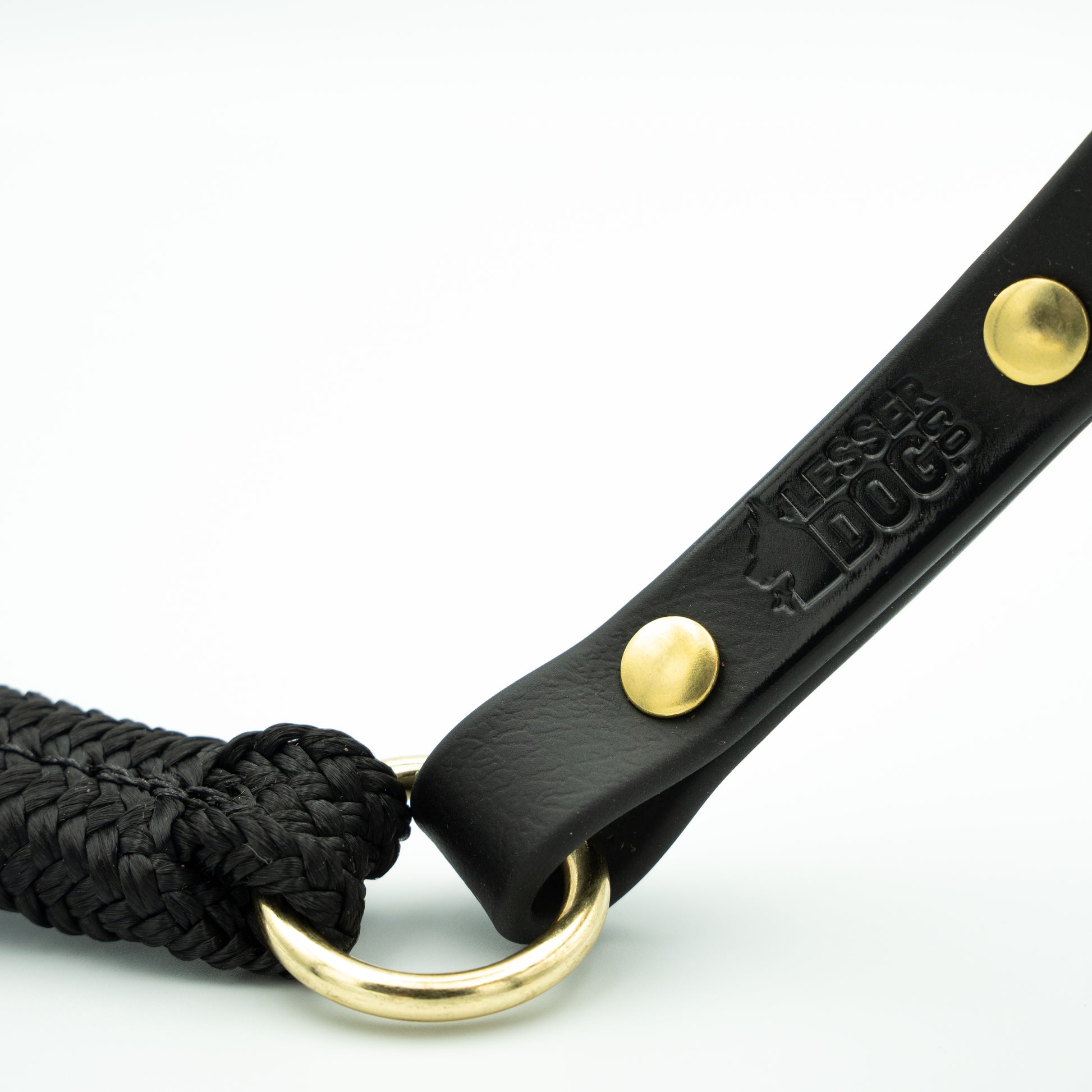 Black dog leash with gold ring and studs on a white background Eclipse
