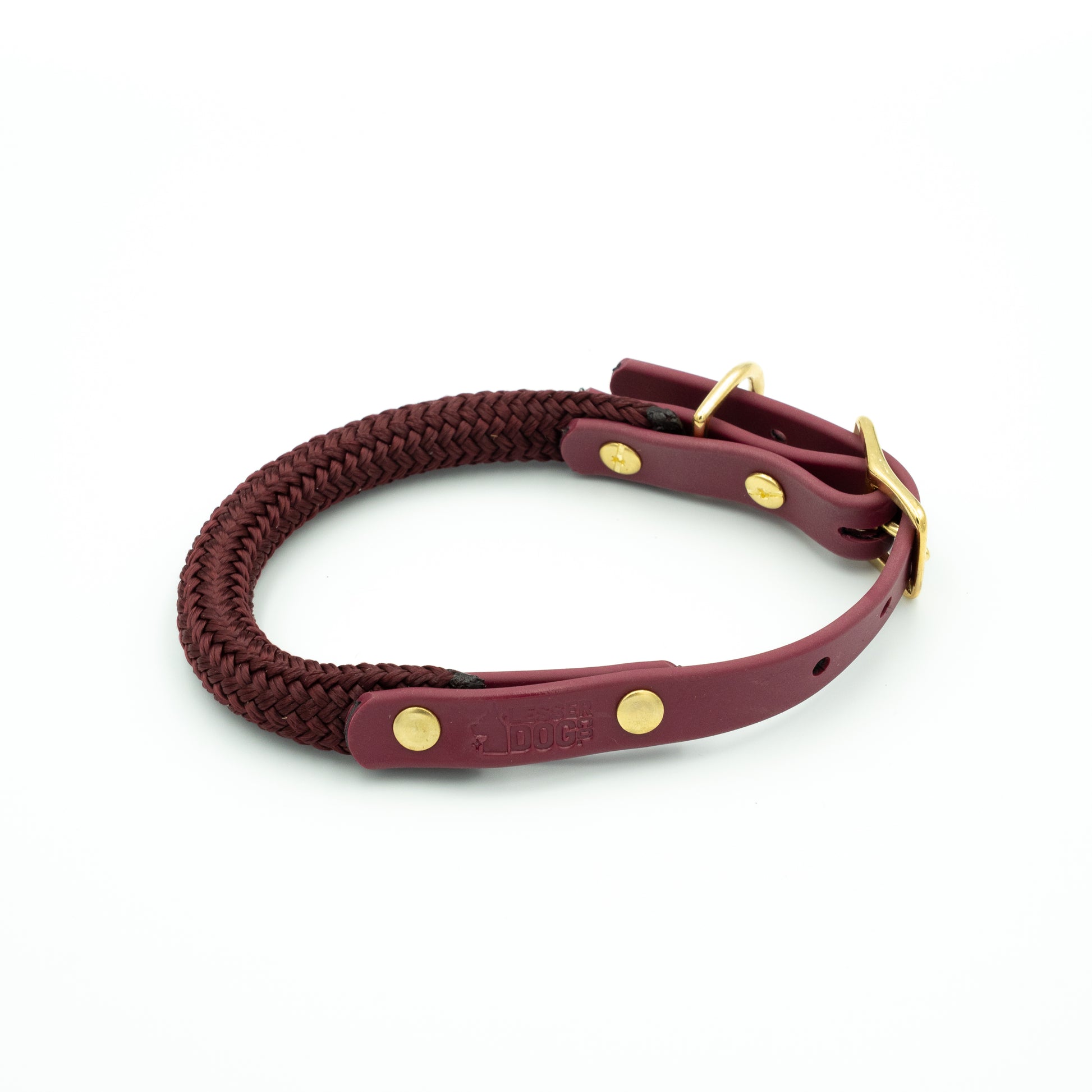 Maroon dog collar with gold hardware on a white background Garnet