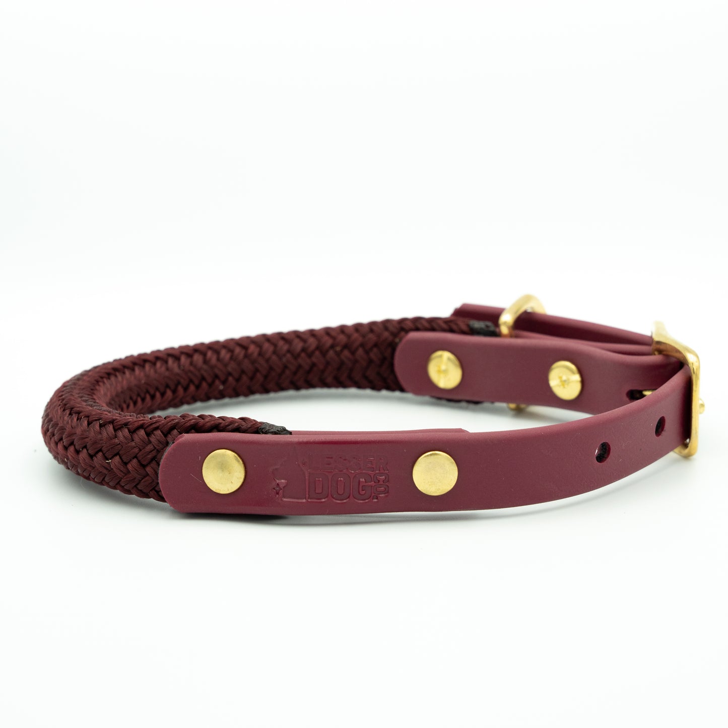 Maroon dog collar with gold studs on a white background Garnet