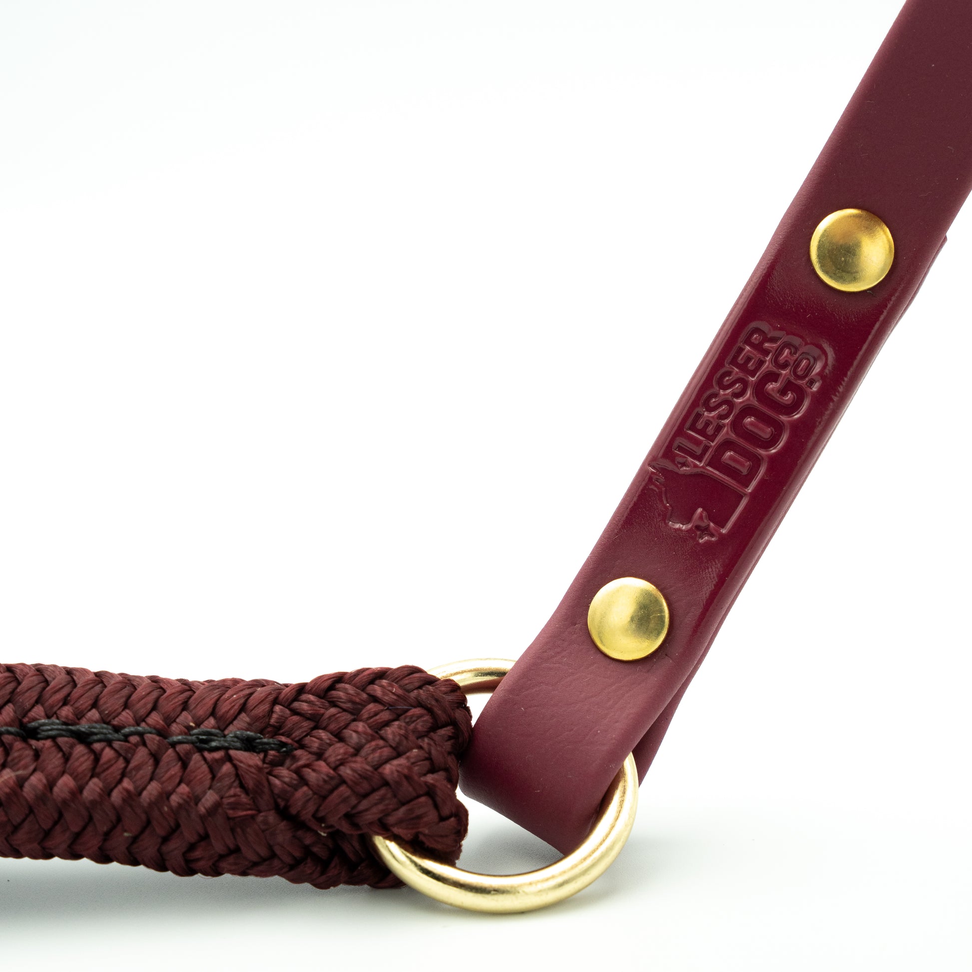 Maroon dog leash with gold hardware on a white background Garnet